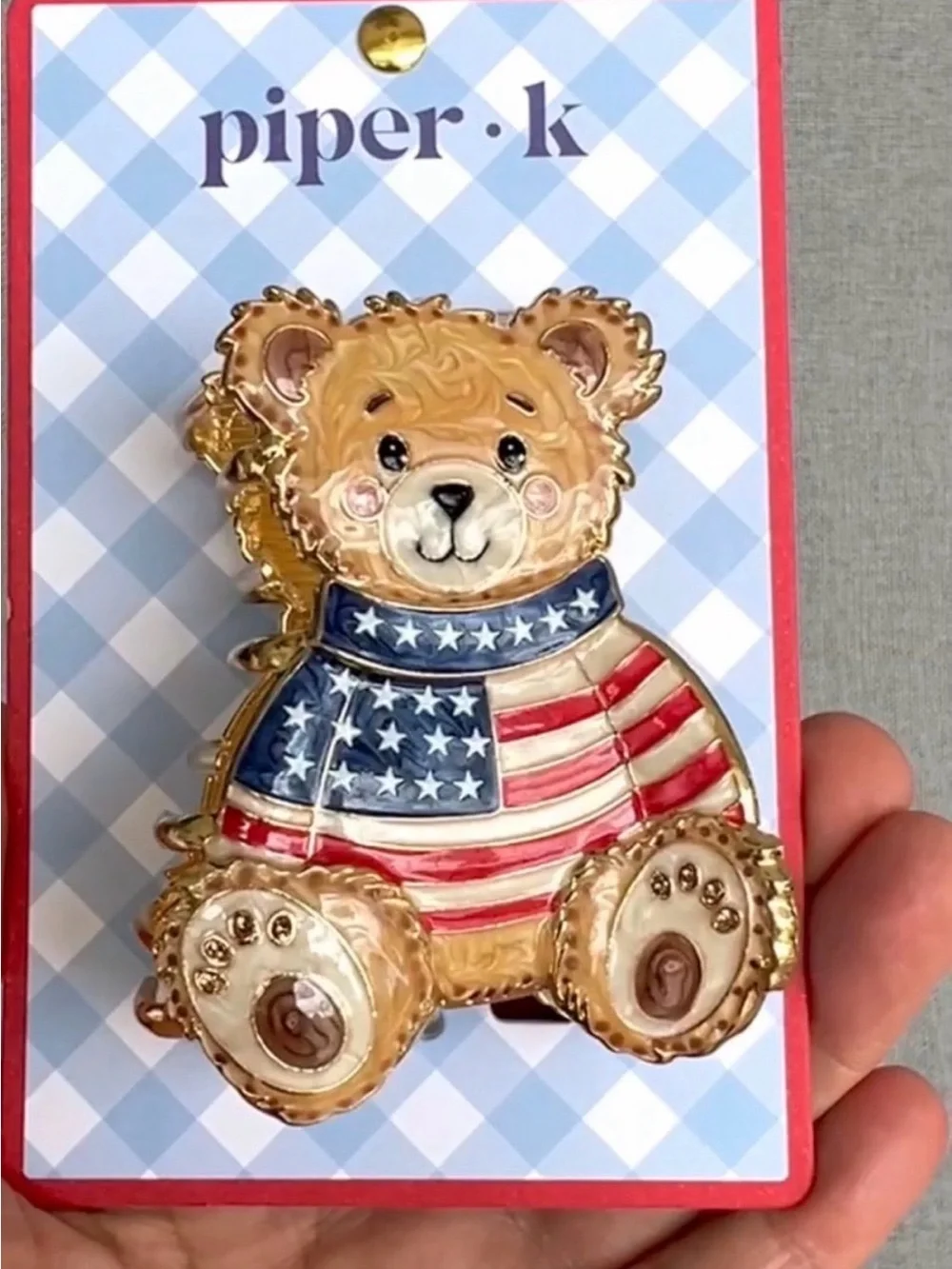 NWT Piper K Teddy Bear American Flag Patriotic Gold Metal claw jaw clip